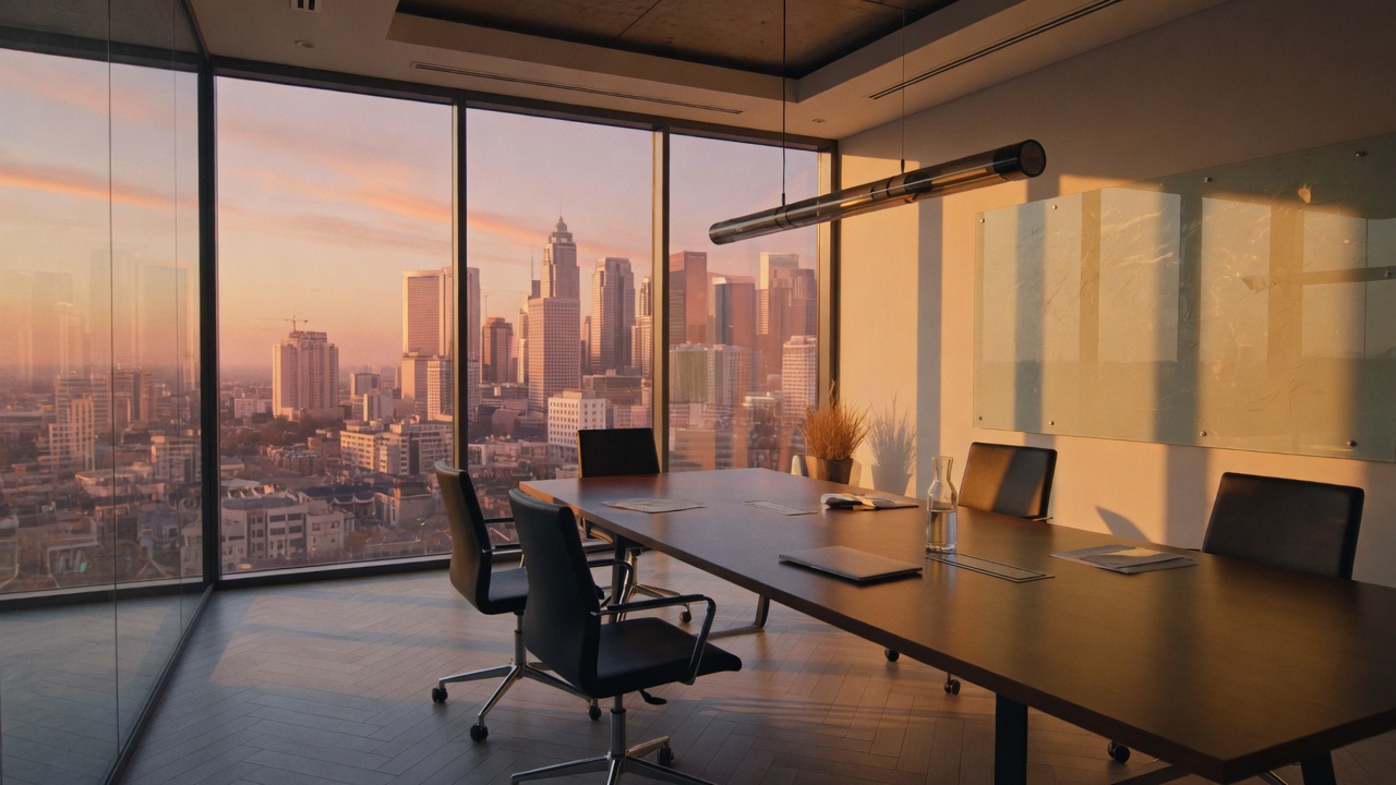 A quiet conference room overlooking the city at sunset